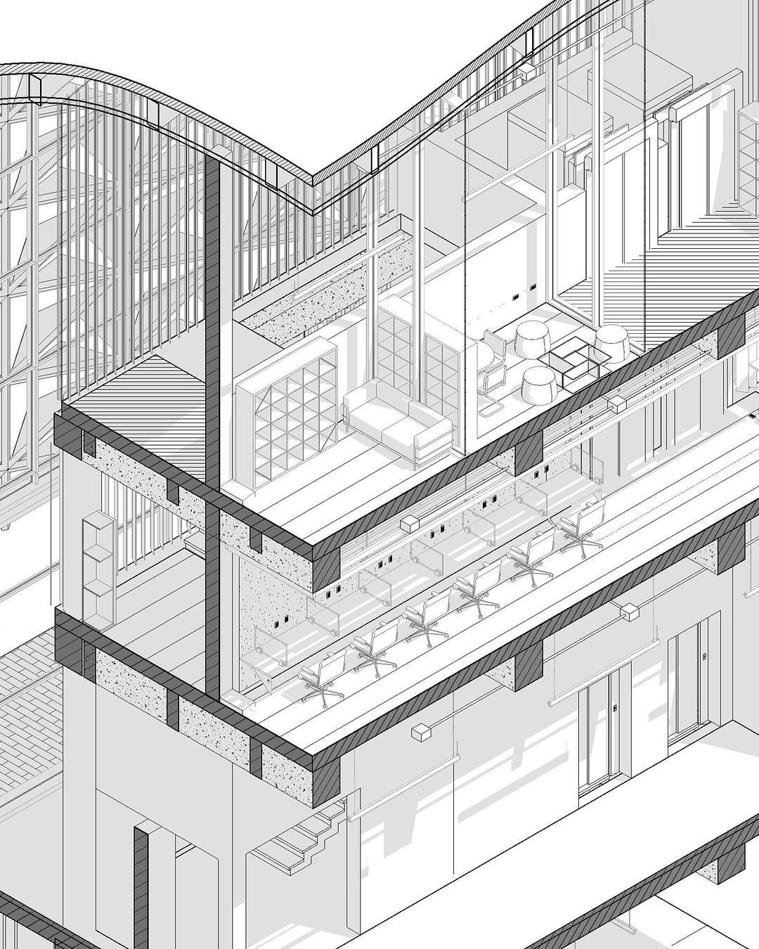 Axonométrie BIM détaillée d'un bâtiment de bureaux avec coupes et niveaux
