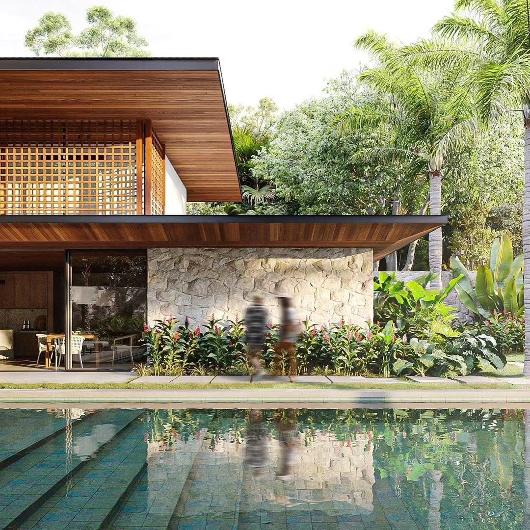 Villa tropicale avec piscine et végétation luxuriante