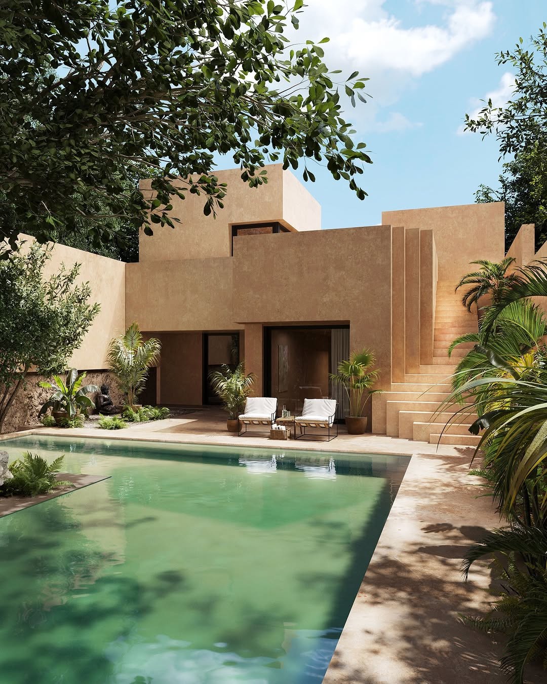 Villa en terre cuite avec piscine et palmiers